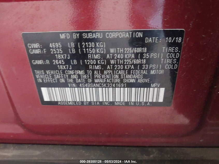 2019 SUBARU OUTBACK 2.5I LIMITED - 4S4BSANC5K3241691