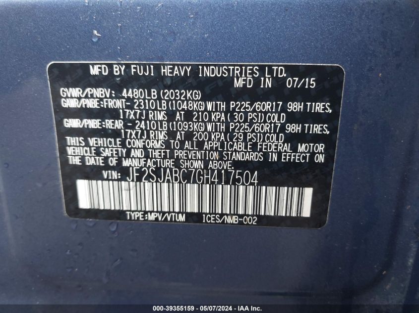 2016 SUBARU FORESTER 2.5I - JF2SJABC7GH417504