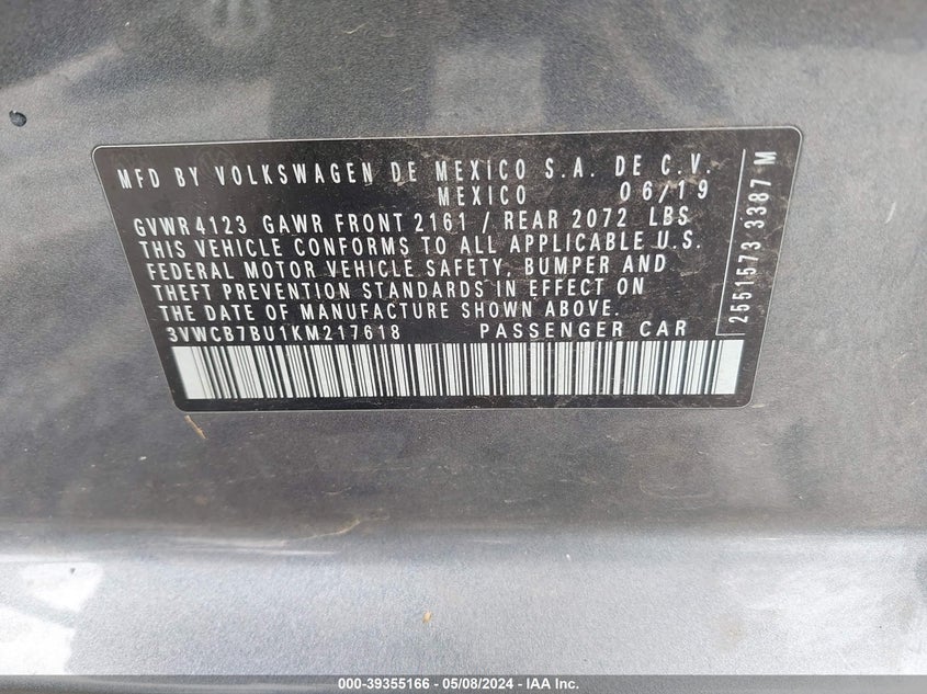 VIN 3VWCB7BU1KM217618 2019 VOLKSWAGEN JETTA 1.4T R-LINE/1.4T S/1.4T SE