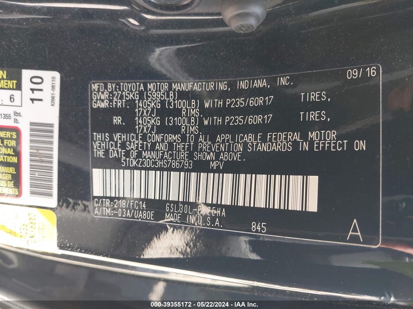 2017 Toyota Sienna Le 8 Passenger VIN: 5TDKZ3DC3HS786793 Lot: 39355172