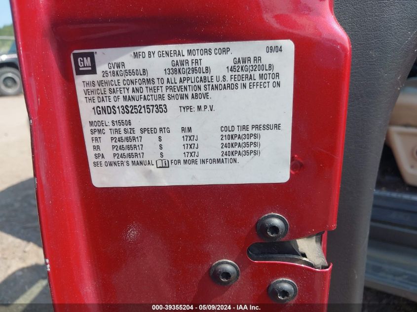 2005 Chevrolet Trailblazer Lt VIN: 1GNDS13S252157353 Lot: 39355204