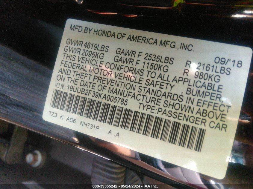 2019 Acura Tlx Standard VIN: 19UUB2F39KA005785 Lot: 39355242