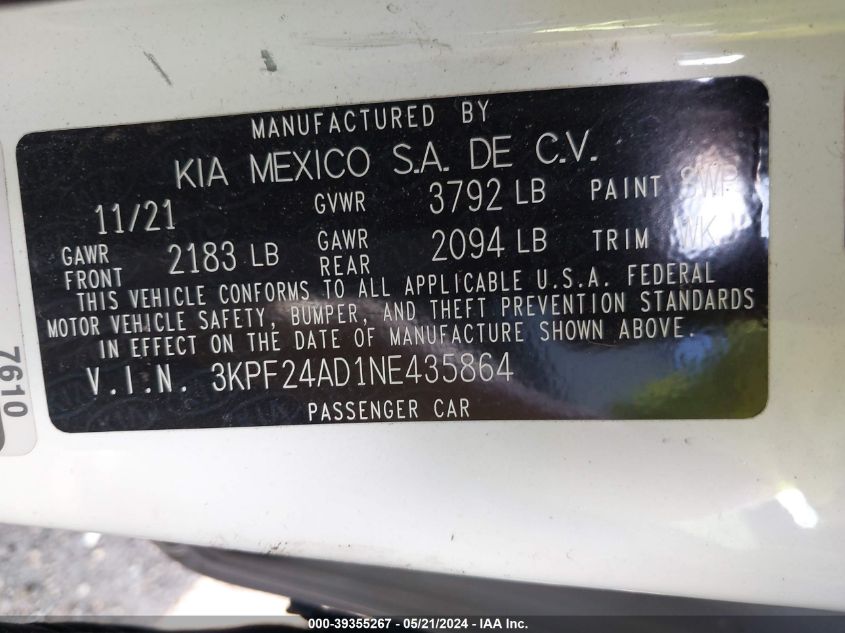 2022 Kia Forte Lxs VIN: 3KPF24AD1NE435864 Lot: 39355267