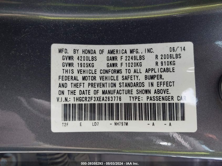 1HGCR2F3XEA263776 | 2014 HONDA ACCORD