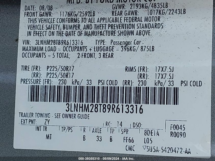 2009 Lincoln Mkz VIN: 3LNHM28T89R613316 Lot: 39355310