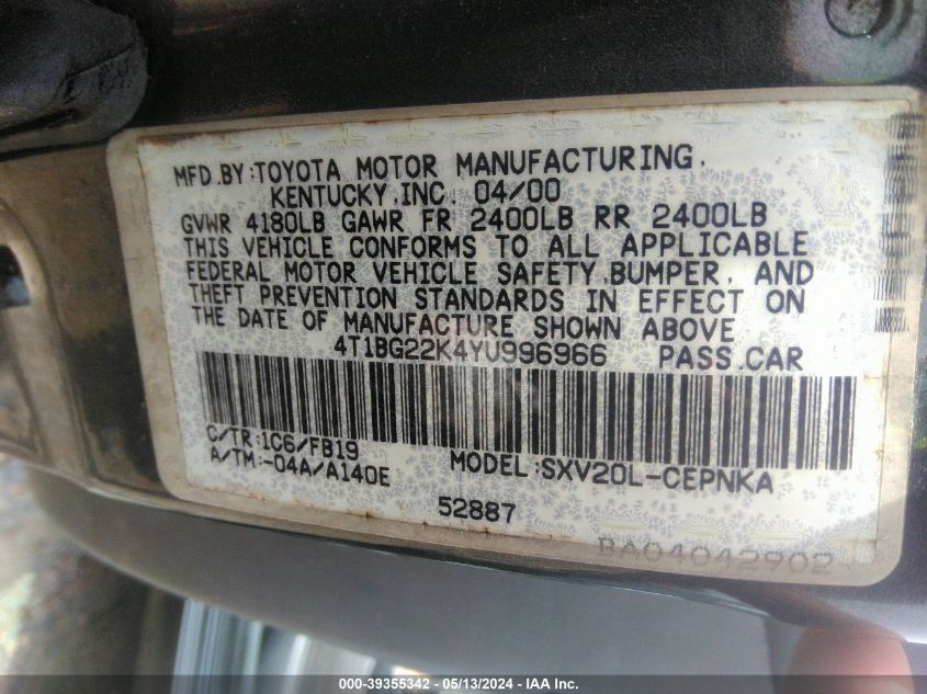 2000 Toyota Camry Ce/Le/Xle VIN: 4T1BG22K4YU996966 Lot: 39355342