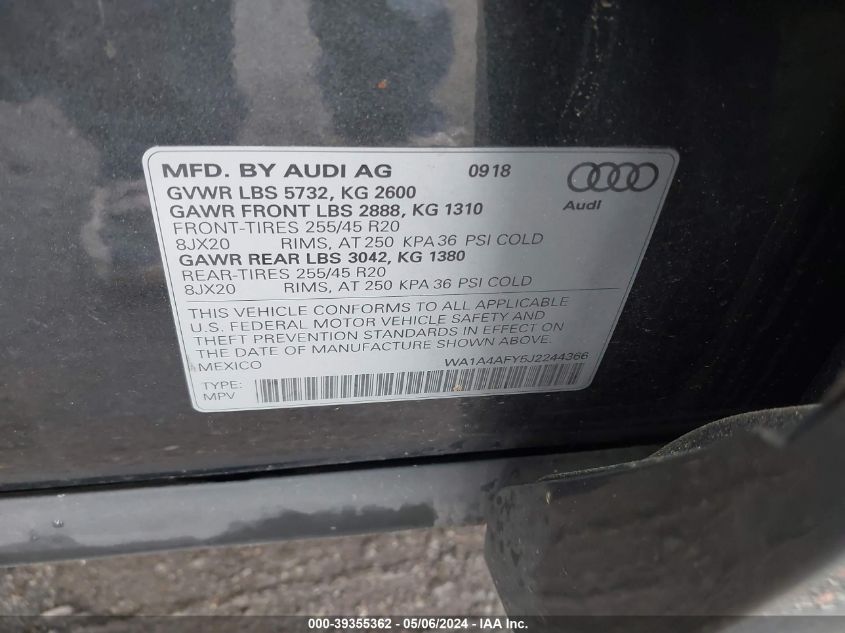 2018 Audi Sq5 3.0T Premium Plus VIN: WA1A4AFY5J2244366 Lot: 39355362