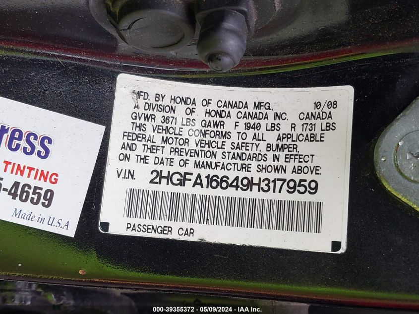 2009 Honda Civic Lx-S VIN: 2HGFA16649H317959 Lot: 39355372