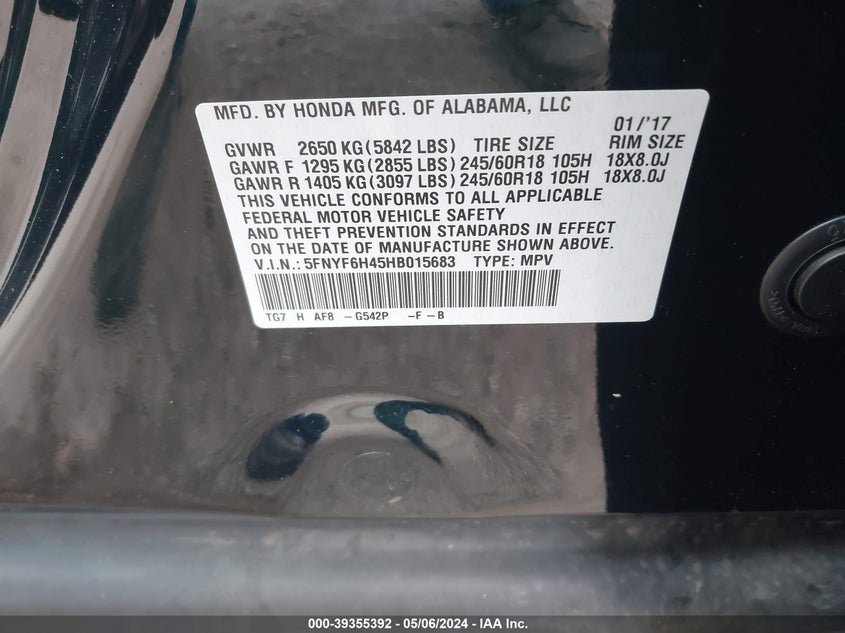 VIN 5FNYF6H45HB015683 2017 HONDA PILOT EX