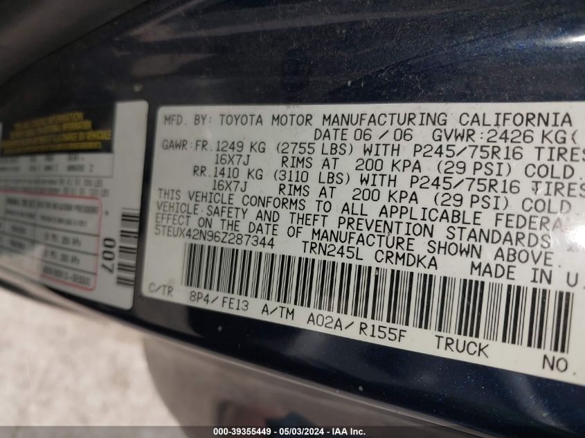 5TEUX42N96Z287344 | 2006 TOYOTA TACOMA