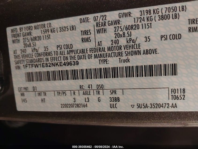 2022 Ford F-150 Lariat VIN: 1FTFW1E82NKE49639 Lot: 39355462