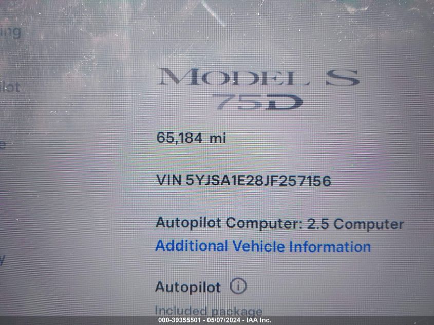 2018 Tesla Model S VIN: 5YJSA1E28JF257156 Lot: 39355501