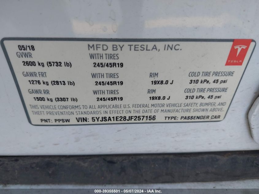 2018 Tesla Model S VIN: 5YJSA1E28JF257156 Lot: 39355501