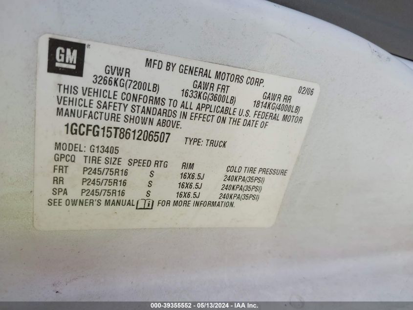 2006 Chevrolet Express Work Van VIN: 1GCFG15T861206507 Lot: 39355552