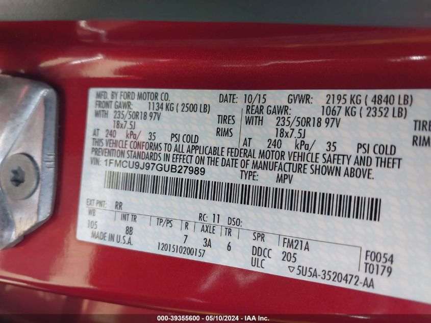 2016 Ford Escape Titanium VIN: 1FMCU9J97GUB27989 Lot: 39355600