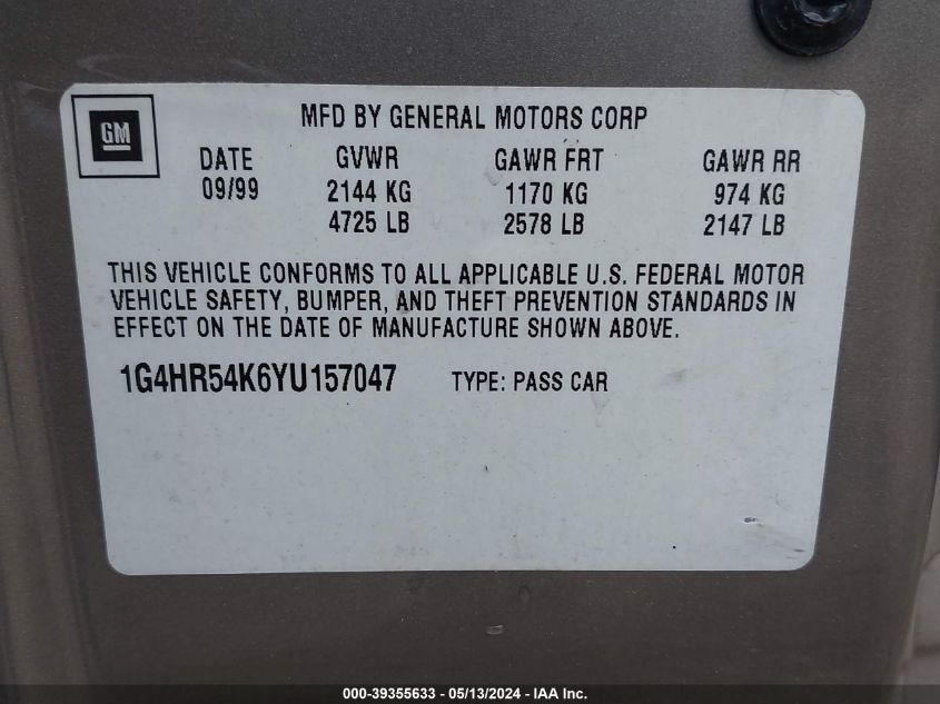 2000 Buick Lesabre Limited VIN: 1G4HR54K6YU157047 Lot: 39355633