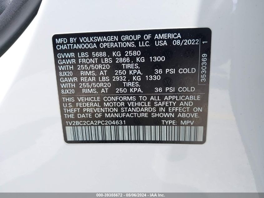 2023 Volkswagen Atlas Cross Sport 2.0T Sel VIN: 1V2BC2CA2PC204631 Lot: 39355672