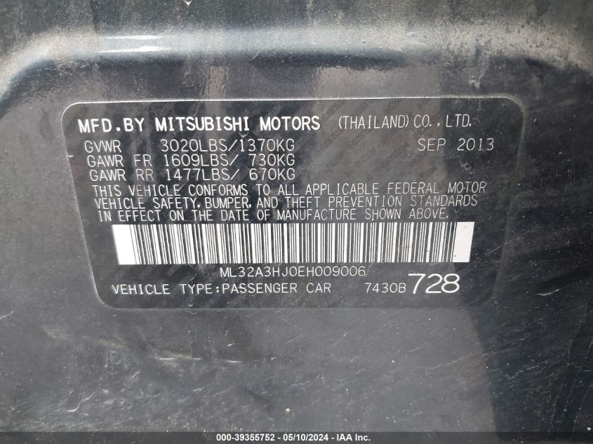 2014 Mitsubishi Mirage De VIN: ML32A3HJ0EH009006 Lot: 39355752