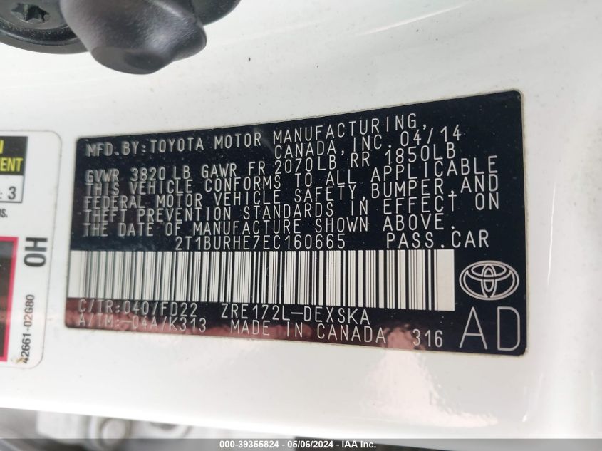 2014 Toyota Corolla L/Le/Le Plus/Le Premium/S/S Plus/S Premium VIN: 2T1BURHE7EC160665 Lot: 39355824