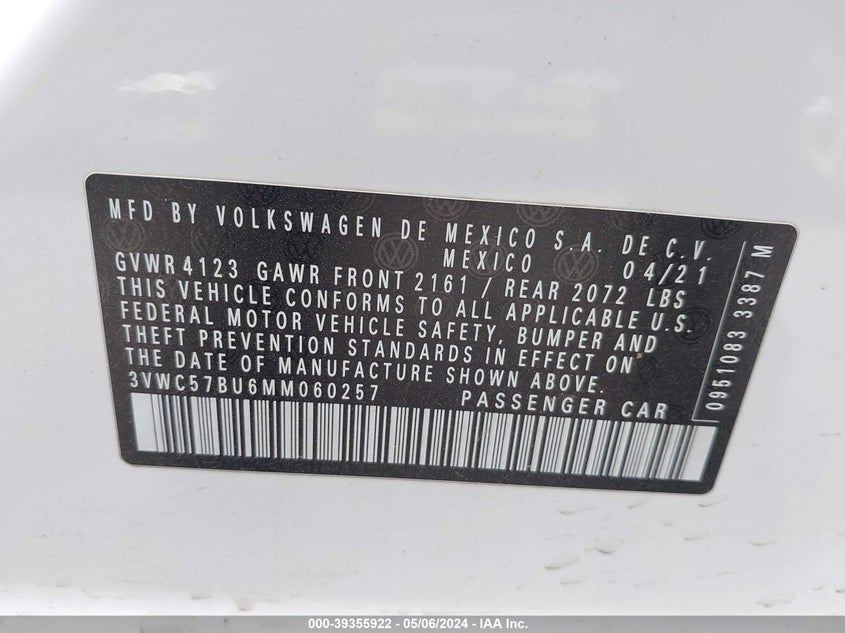 VIN 3VWC57BU6MM060257 2021 VOLKSWAGEN JETTA 1.4T R-LINE/1.4T S/1.4T SE