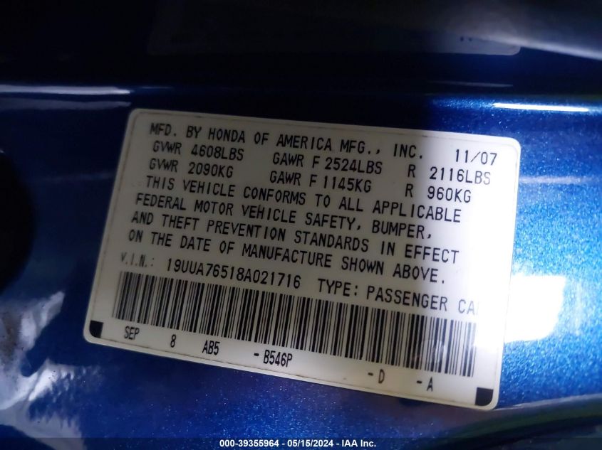 2008 Acura Tl Type S VIN: 19UUA76518A021716 Lot: 39355964