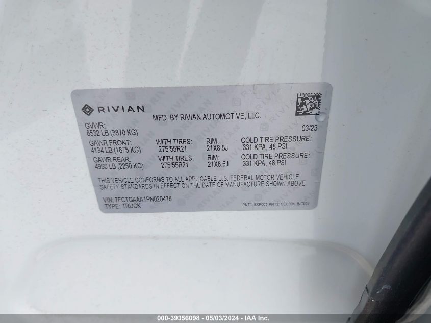 2023 Rivian R1T Adventure VIN: 7FCTGAAA1PN020478 Lot: 39812745