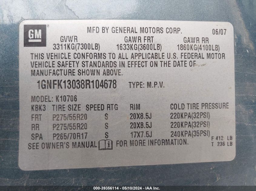 2008 Chevrolet Tahoe Lt VIN: 1GNFK13038R104678 Lot: 39356114