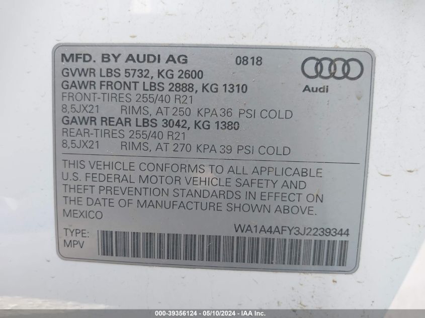 2018 Audi Sq5 3.0T Premium Plus VIN: WA1A4AFY3J2239344 Lot: 39356124
