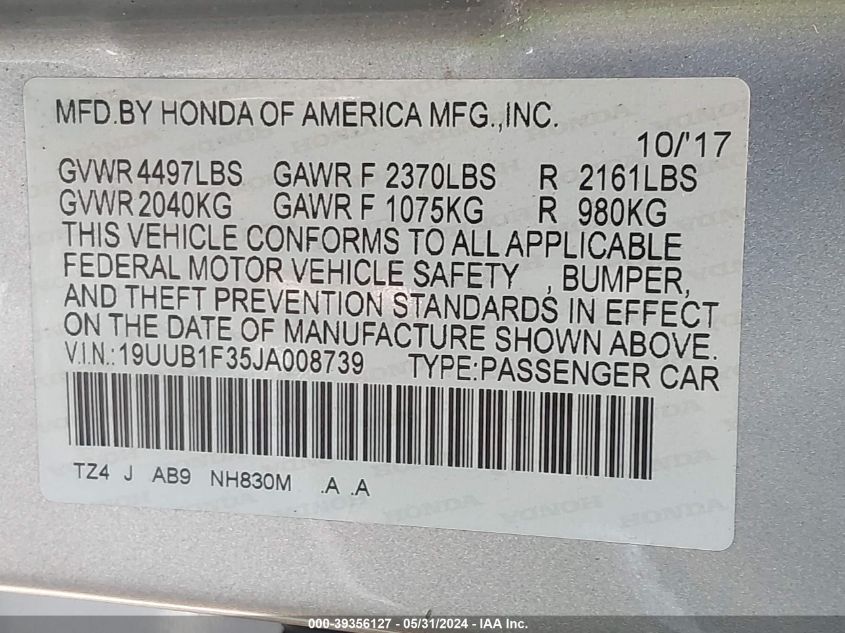 2018 Acura Tlx VIN: 19UUB1F35JA008739 Lot: 39356127