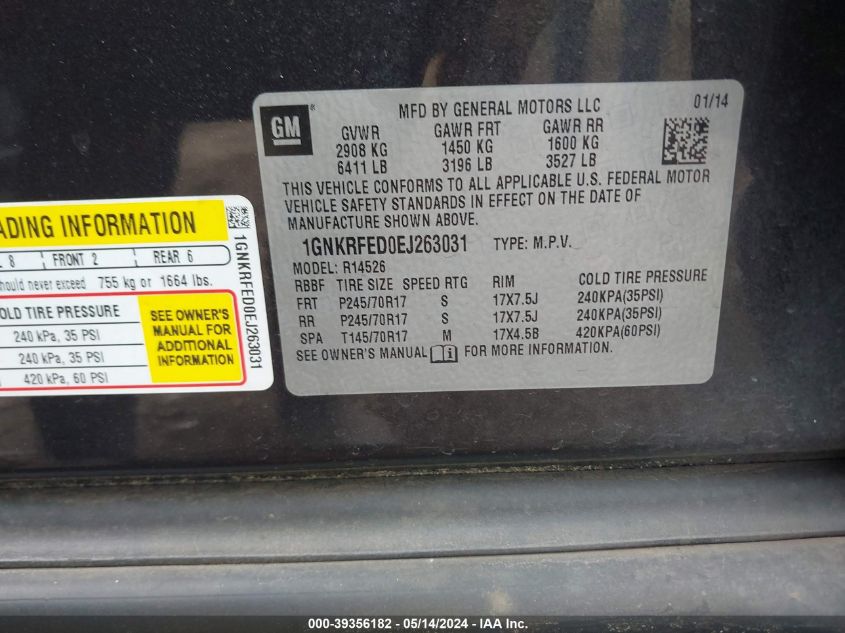 2014 Chevrolet Traverse Ls VIN: 1GNKRFED0EJ263031 Lot: 39356182