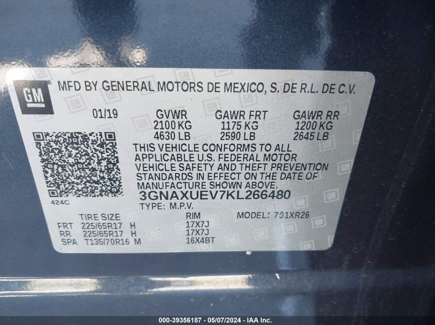 2019 Chevrolet Equinox Lt VIN: 3GNAXUEV7KL266480 Lot: 39356187