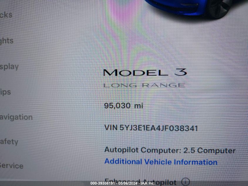 2018 Tesla Model 3 Long Range/Mid Range VIN: 5YJ3E1EA4JF038341 Lot: 39356191