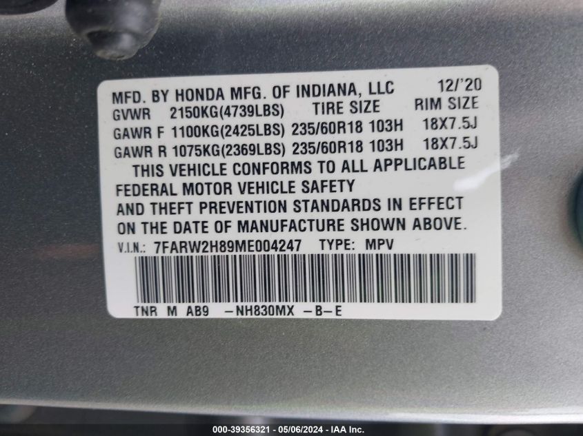 2021 Honda Cr-V Awd Ex-L VIN: 7FARW2H89ME004247 Lot: 39356321