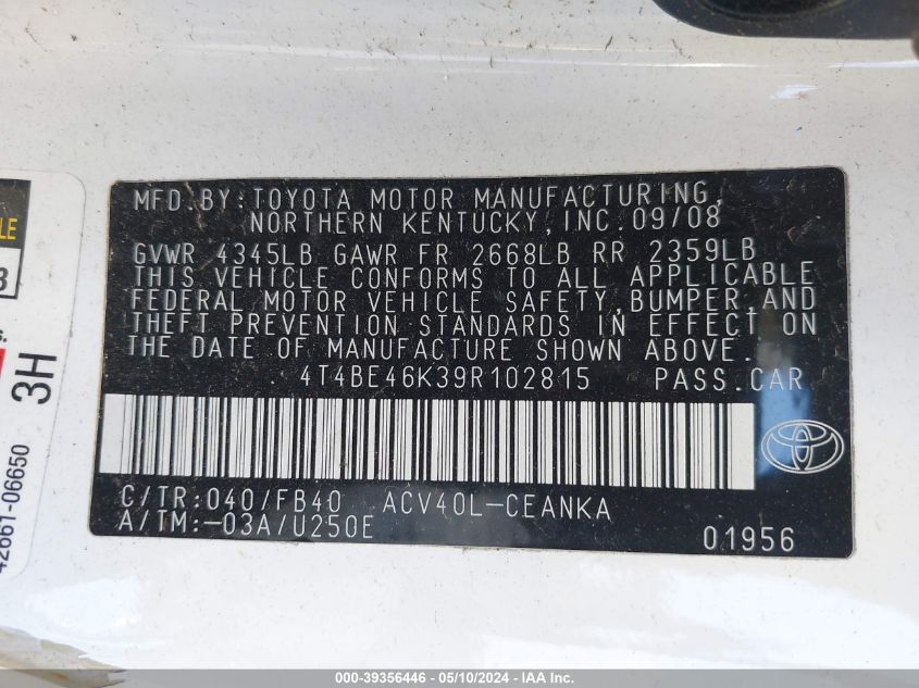 2009 Toyota Camry Le/Se/Xle VIN: 4T4BE46K39R102815 Lot: 39356446
