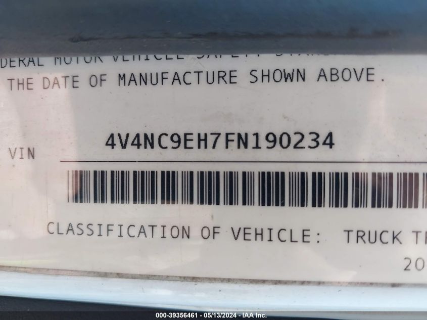 2015 Volvo Vn Vnl VIN: 4V4NC9EH7FN190234 Lot: 39356461