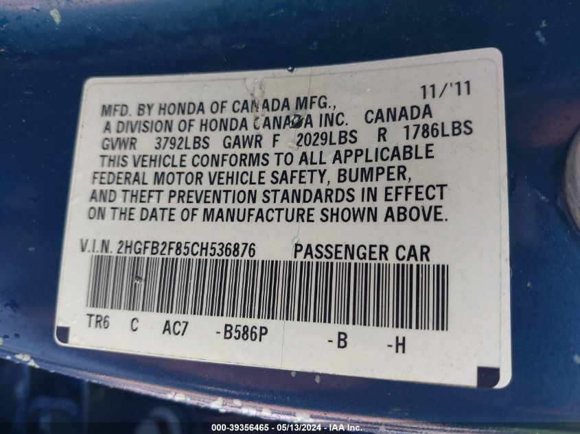 2012 Honda Civic Ex VIN: 2HGFB2F85CH536876 Lot: 39356465