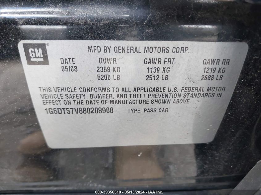 2008 Cadillac Cts Standard VIN: 1G6DT57V880208908 Lot: 39356510
