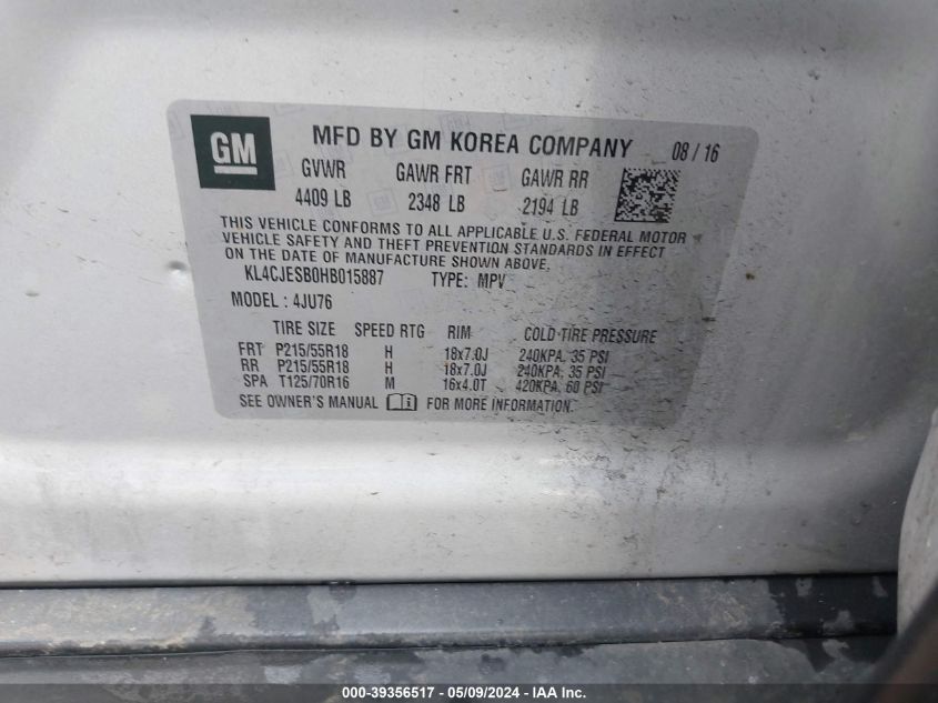 VIN KL4CJESB0HB015887 2017 BUICK ENCORE PREFERRED