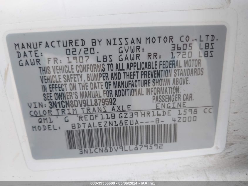 2020 Nissan Versa S Xtronic Cvt VIN: 3N1CN8DV9LL879592 Lot: 39356600