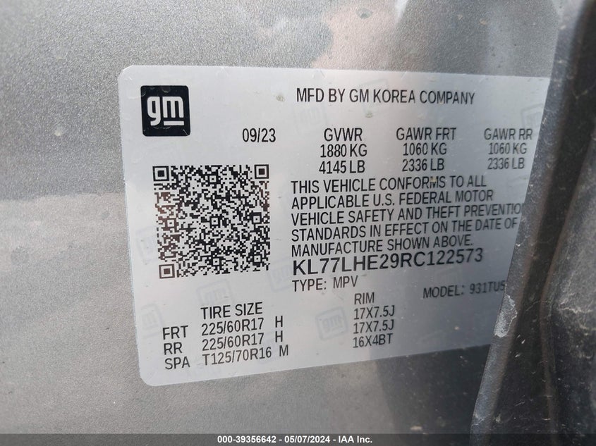 VIN KL77LHE29RC122573 2024 CHEVROLET TRAX 1LT