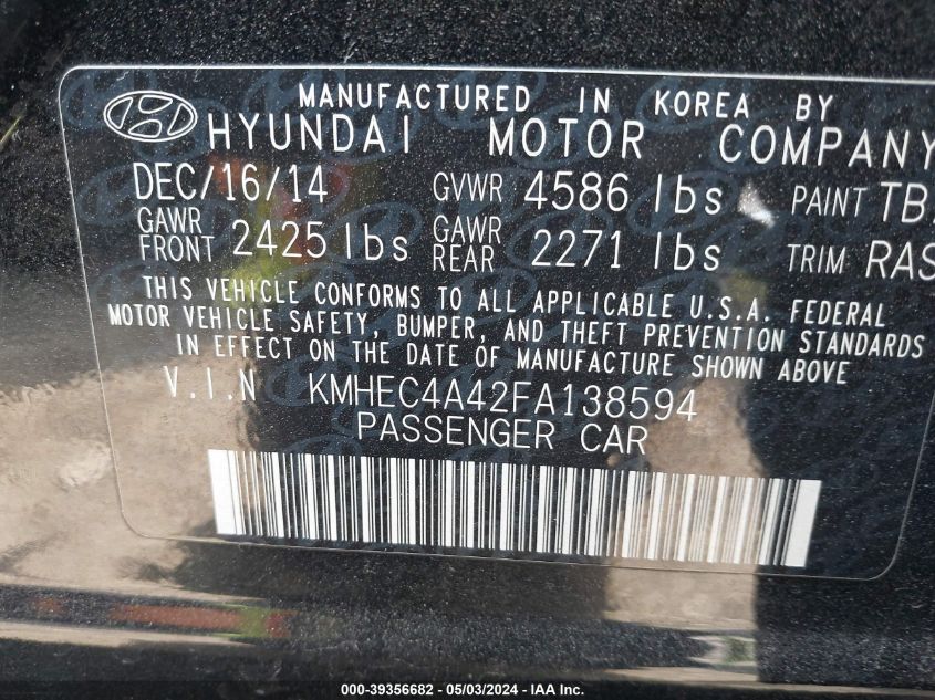 2015 Hyundai Sonata Hybrid VIN: KMHEC4A42FA138594 Lot: 39356682