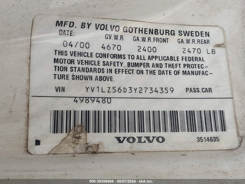 2000 Volvo V70 Xc/Xc Se VIN: YV1LZ56D3Y2734359 Lot: 39356694