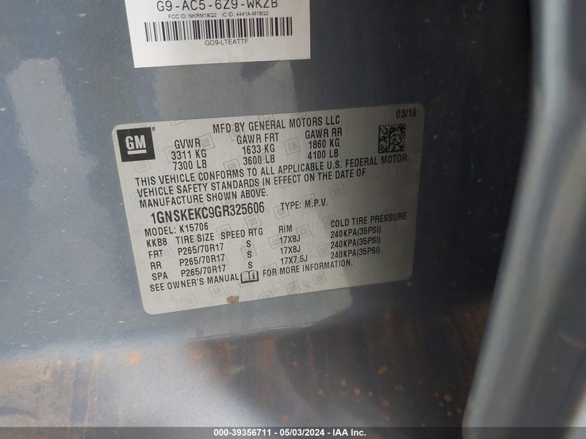 2016 CHEVROLET TAHOE COMMERCIAL FLEET - 1GNSKEKC9GR325606