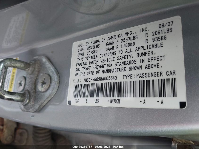 1HGCP36898A005843 | 2008 HONDA ACCORD