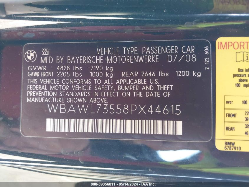 2008 BMW 335I VIN: WBAWL73558PX44615 Lot: 39356811