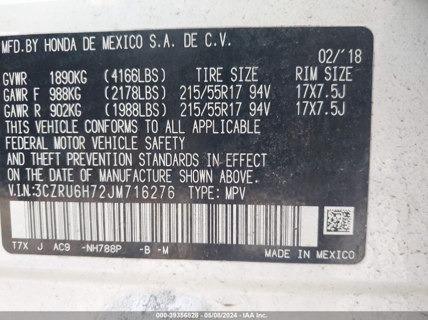 2018 HONDA HR-V EX-L - 3CZRU6H72JM716276