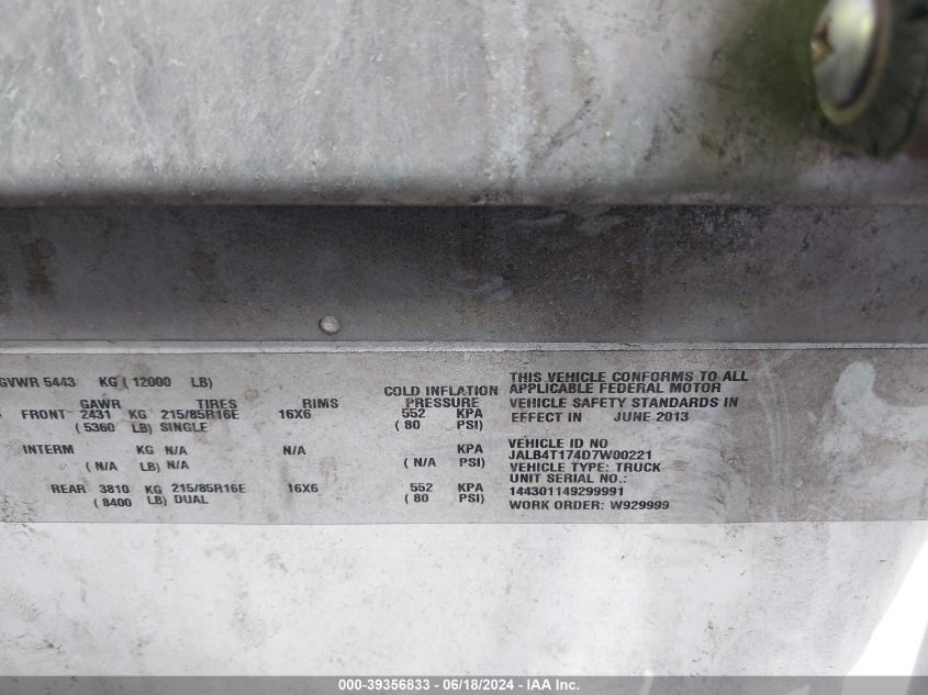 2013 Isuzu Commercial Van VIN: JALB4T174D7W00221 Lot: 39356833
