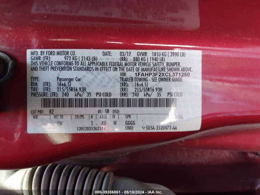 2012 Ford Focus Se VIN: 1FAHP3F2XCL371250 Lot: 39356861