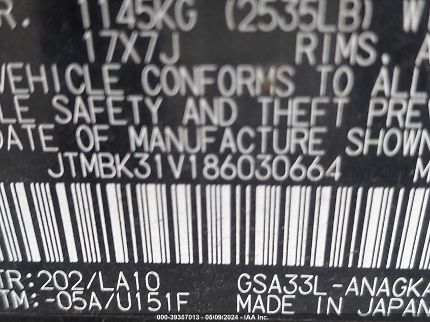 2008 Toyota Rav4 Limited V6 VIN: JTMBK31V186030664 Lot: 39357013