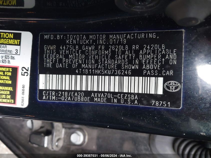 4T1B11HK5KU736246 2019 Toyota Camry Se